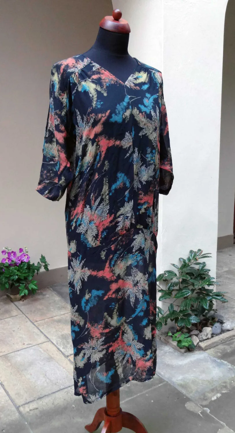 1920s or 30s dress in abstract printed silk. Lovely, wearable condition and a good size.