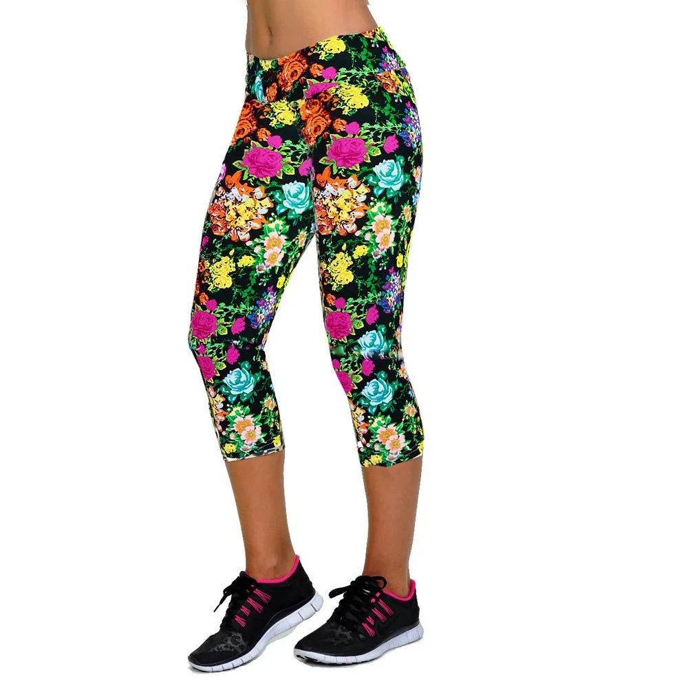 2016 High Waist Fitness Multicolor Flower Pattern Pants Stretch Cropped Leggings Pantaloni #3546 SM6