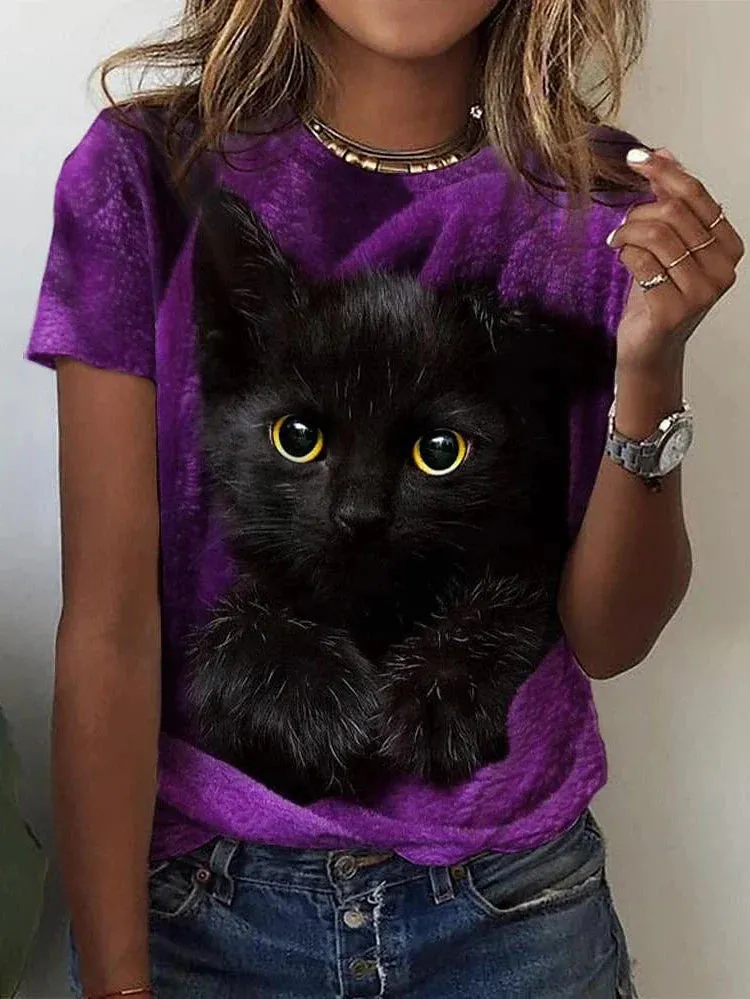 3D Cat Print Women's T-shirt in Red and Blue