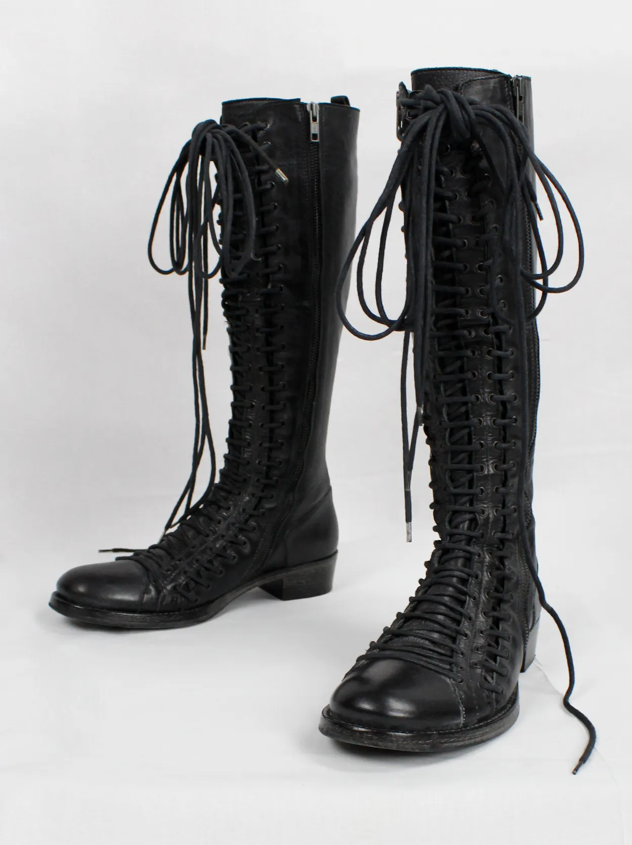 Ann Demeulemeester black tall boots with triple laces and low wooden heel (38.5) — fall 2008