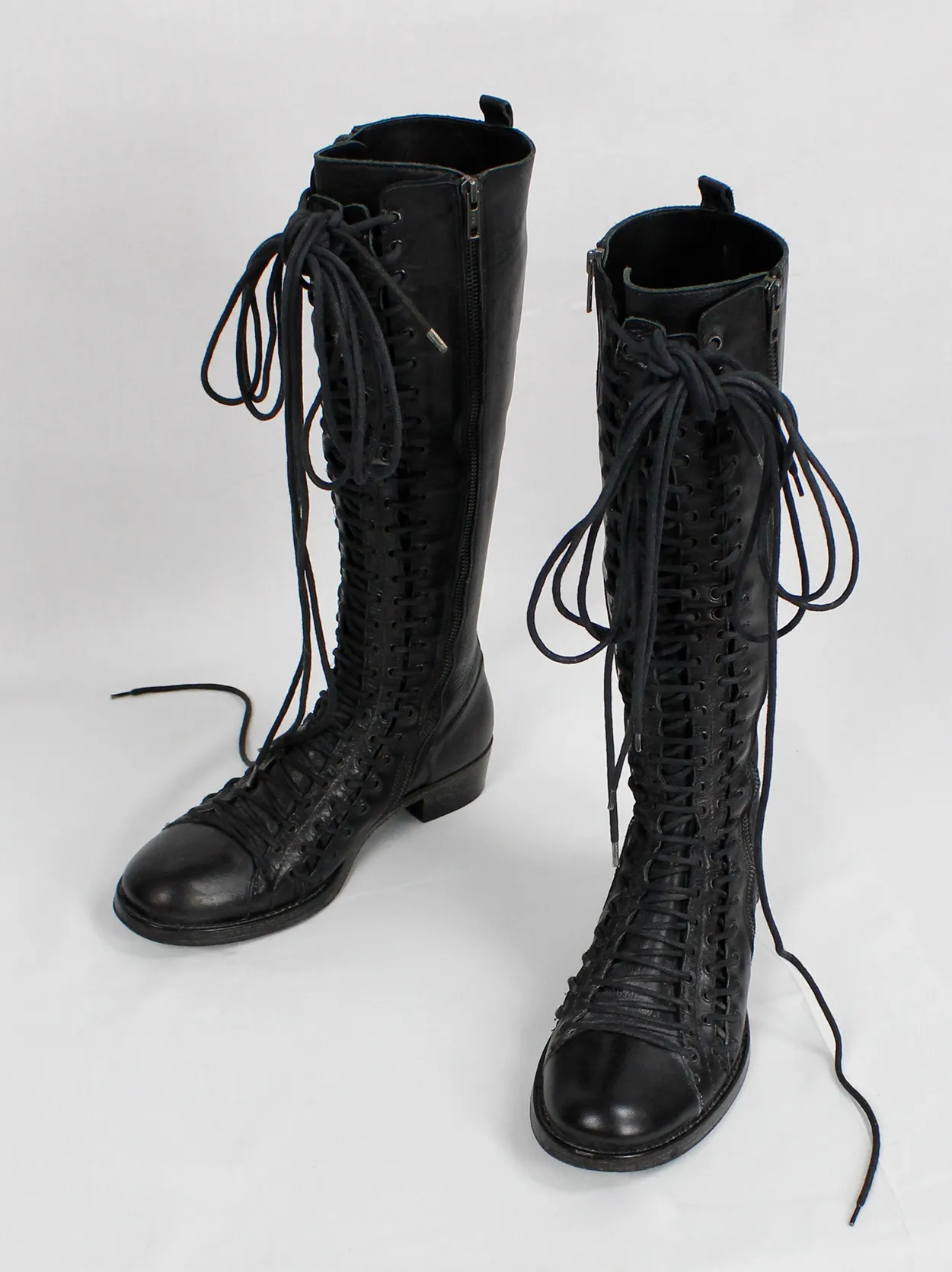 Ann Demeulemeester black tall boots with triple laces and low wooden heel (38.5) — fall 2008