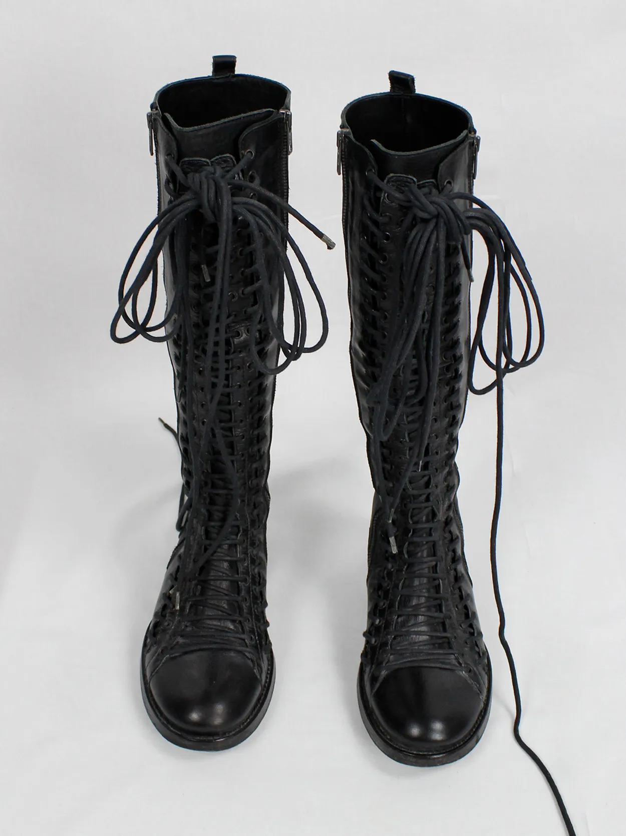 Ann Demeulemeester black tall boots with triple laces and low wooden heel (38.5) — fall 2008