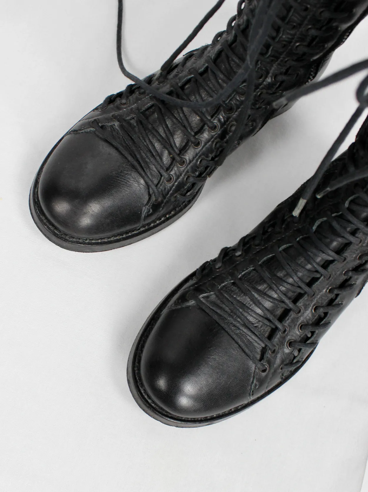 Ann Demeulemeester black tall boots with triple laces and low wooden heel (38.5) — fall 2008