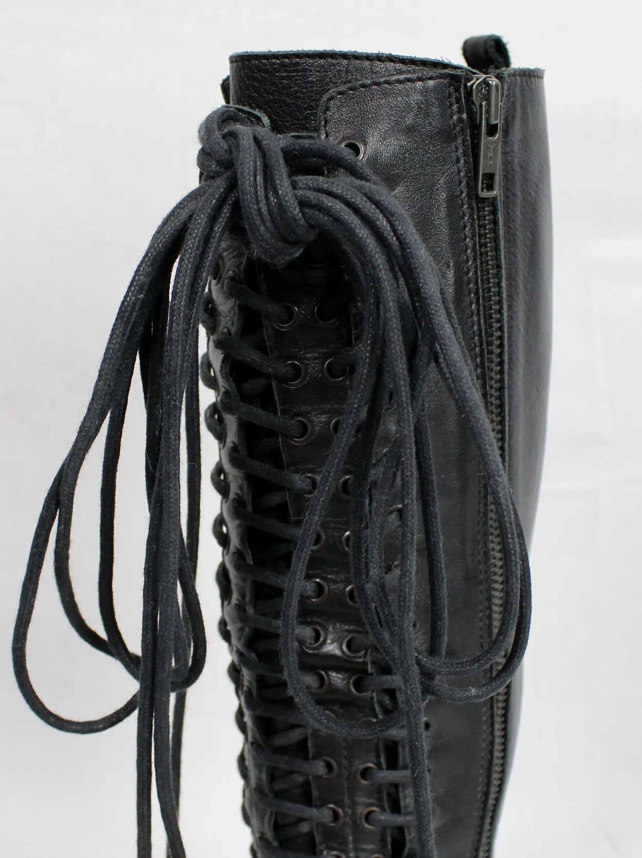 Ann Demeulemeester black tall boots with triple laces and low wooden heel (38.5) — fall 2008