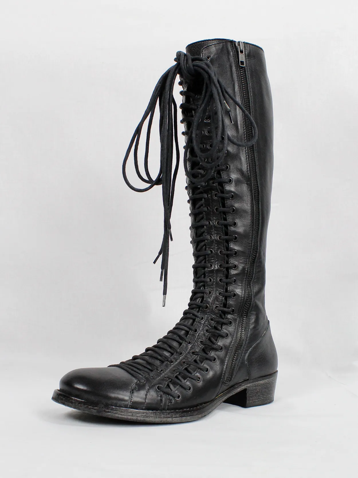 Ann Demeulemeester black tall boots with triple laces and low wooden heel (38.5) — fall 2008