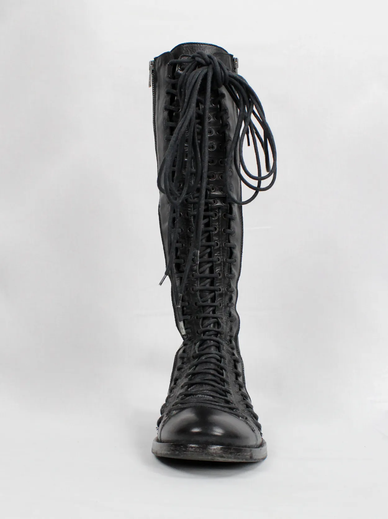 Ann Demeulemeester black tall boots with triple laces and low wooden heel (38.5) — fall 2008