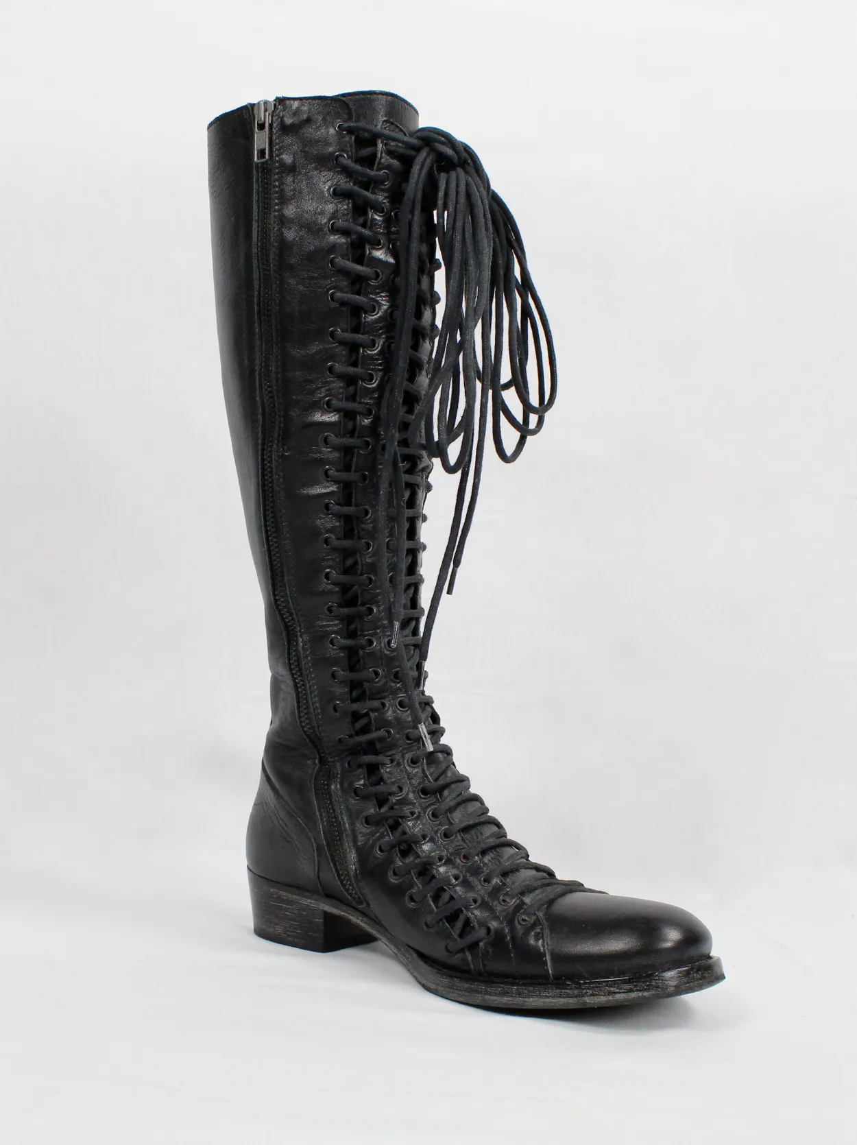 Ann Demeulemeester black tall boots with triple laces and low wooden heel (38.5) — fall 2008