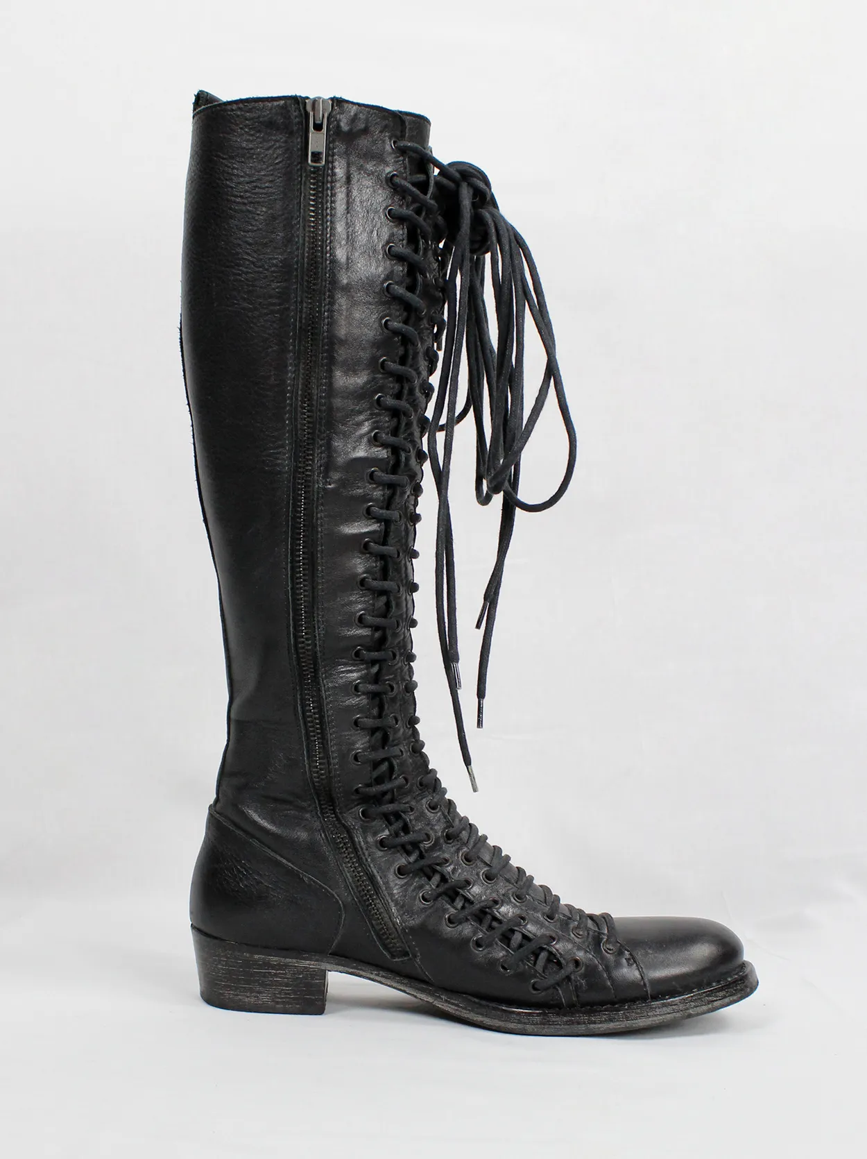 Ann Demeulemeester black tall boots with triple laces and low wooden heel (38.5) — fall 2008