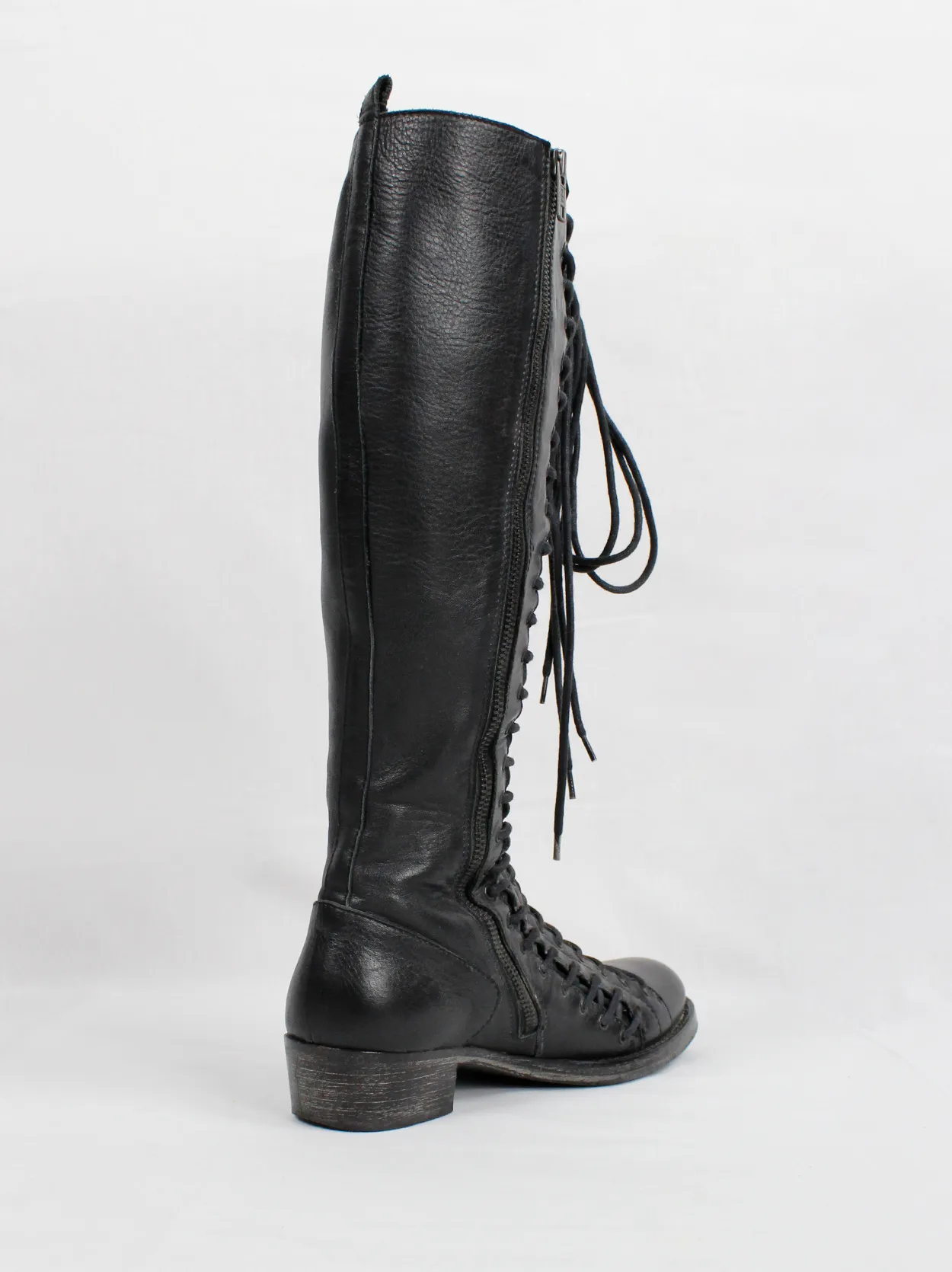 Ann Demeulemeester black tall boots with triple laces and low wooden heel (38.5) — fall 2008