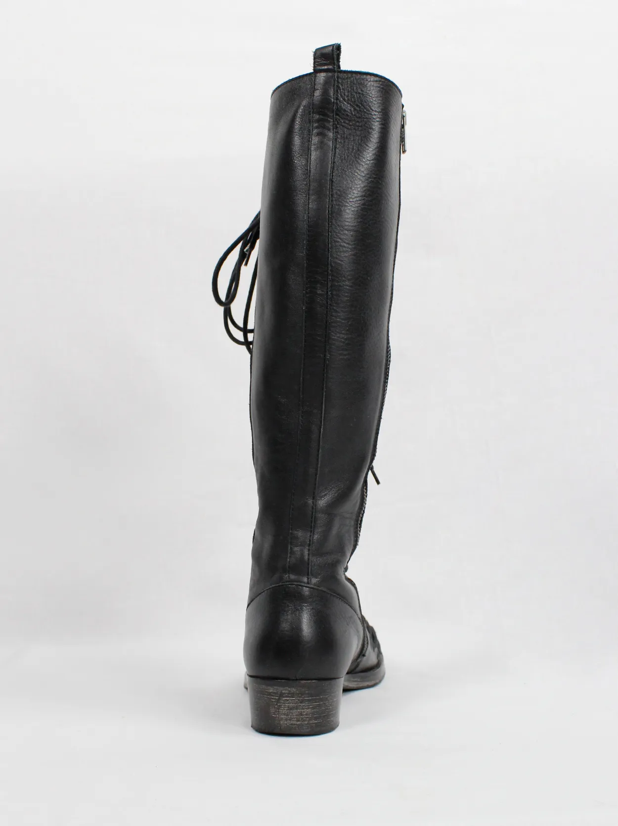 Ann Demeulemeester black tall boots with triple laces and low wooden heel (38.5) — fall 2008