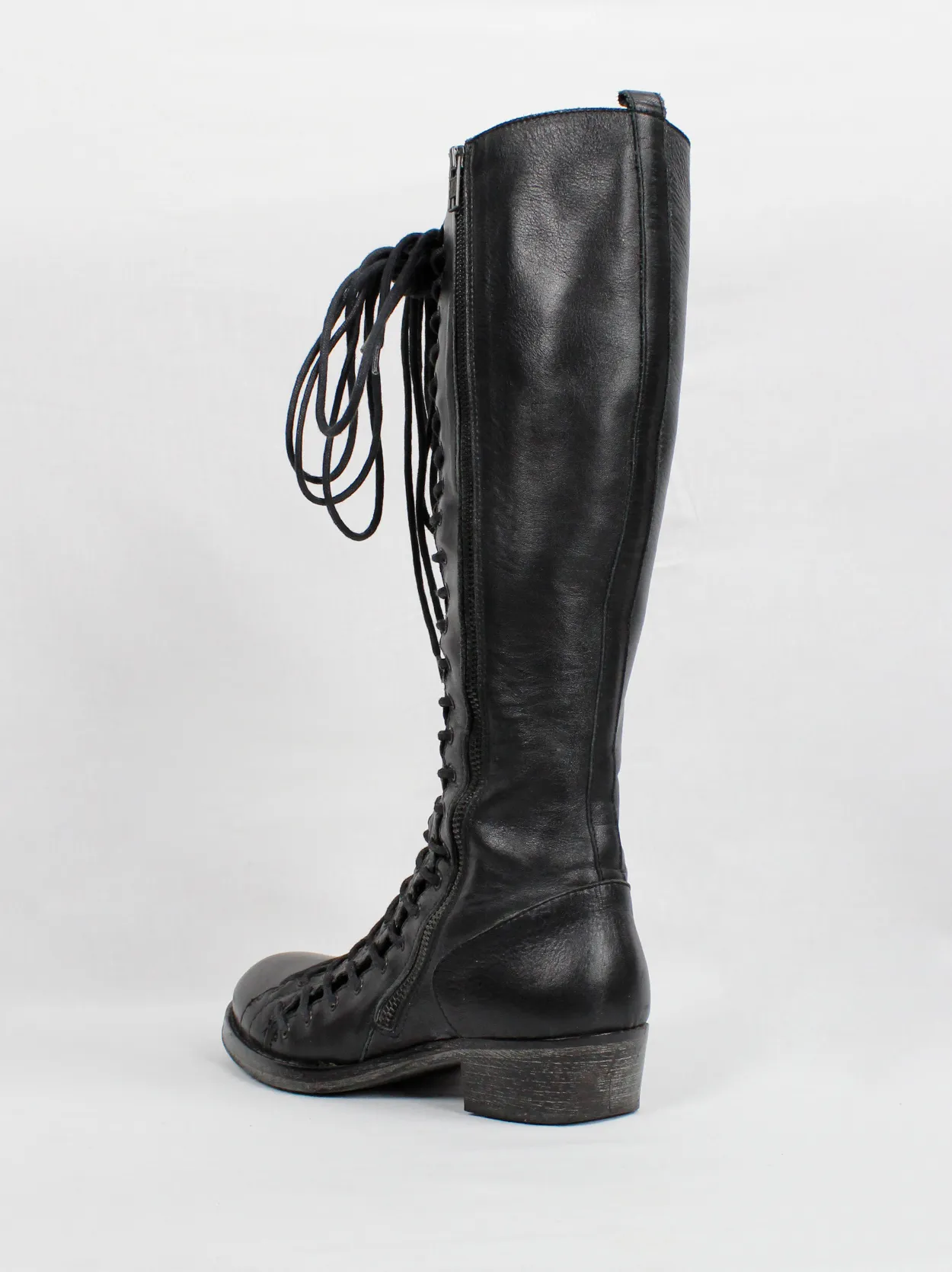 Ann Demeulemeester black tall boots with triple laces and low wooden heel (38.5) — fall 2008