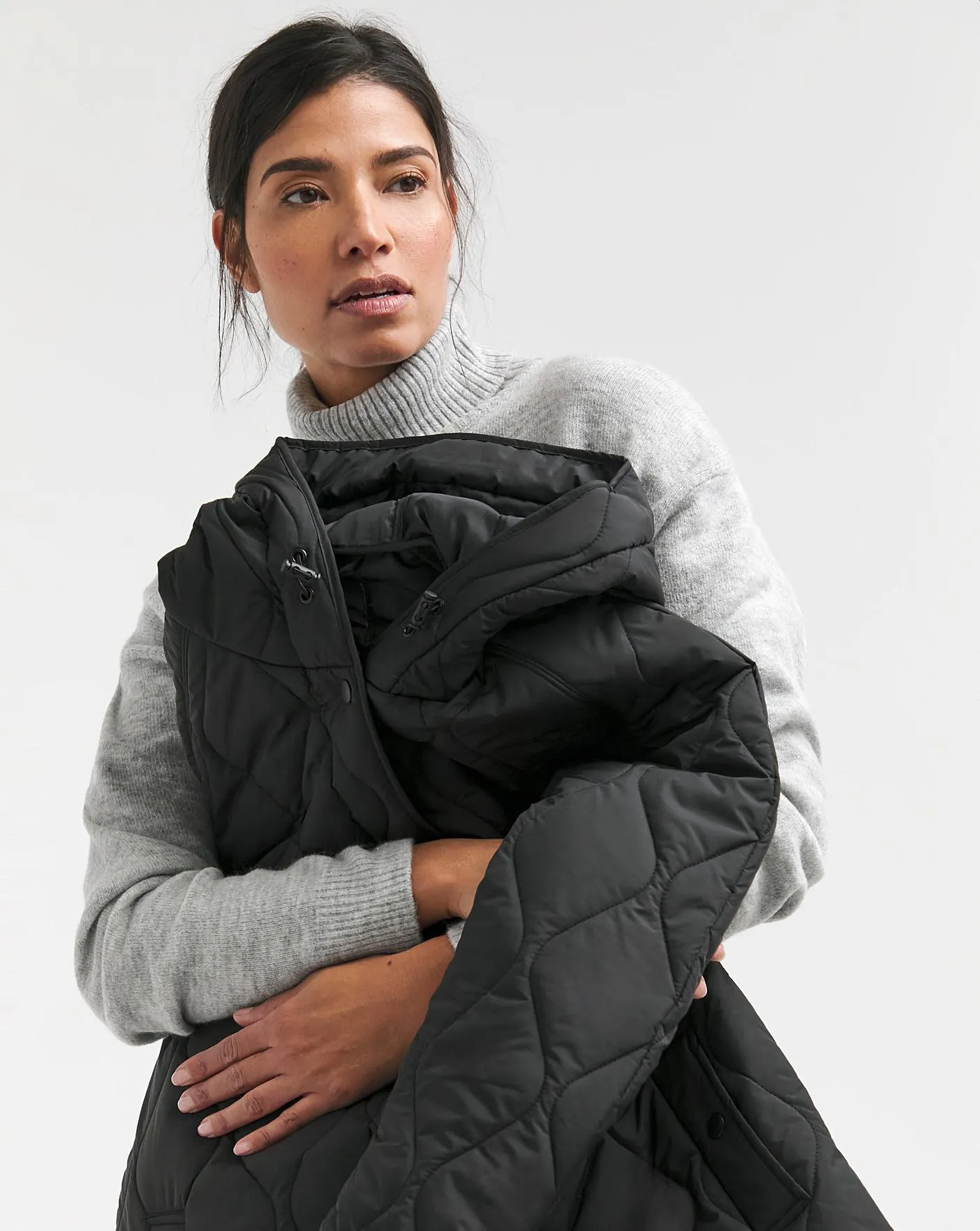 Black Hooded Longline Quilted Coat