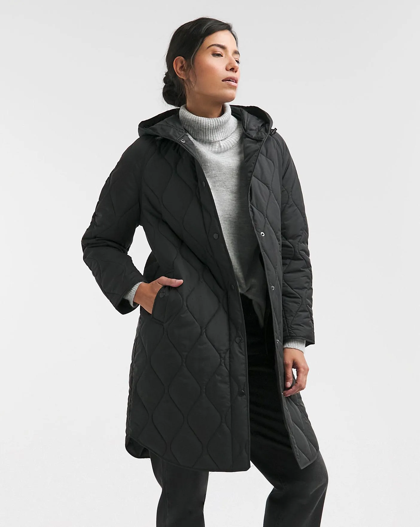 Black Hooded Longline Quilted Coat