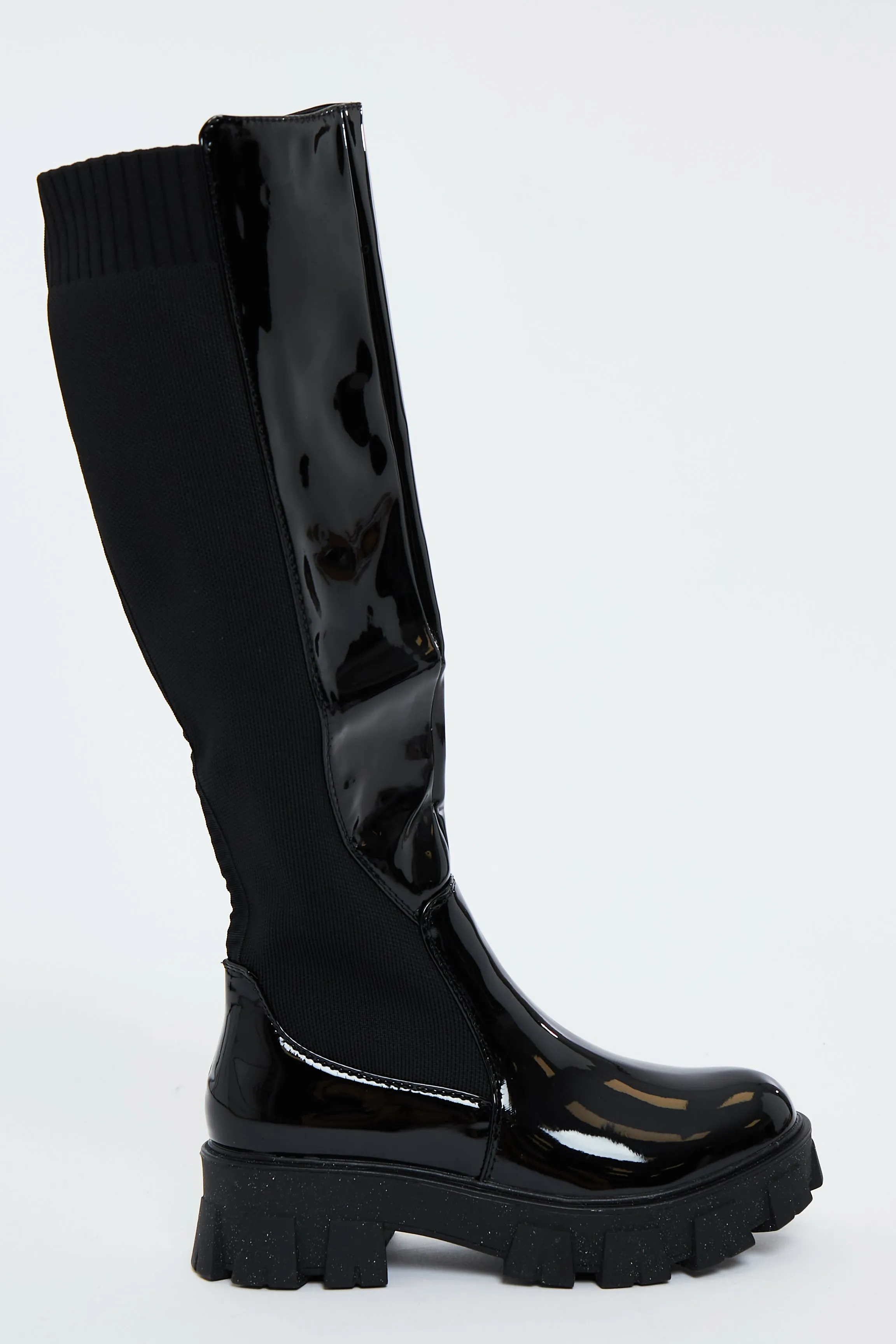 Black Patent PU Leather Contrast Knee High Chunky Sole Boots - Alaana