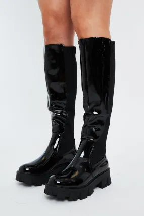 Black Patent PU Leather Contrast Knee High Chunky Sole Boots - Alaana