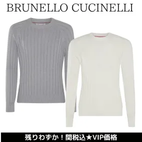 BRUNELLO CUCINELLI  |Crew Neck Stripes Wool Street Style Long Sleeves Logo