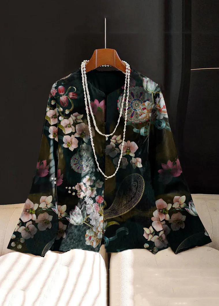 Chinese Style Yellow flower Embroideried Button Silk Coat Long Sleeve