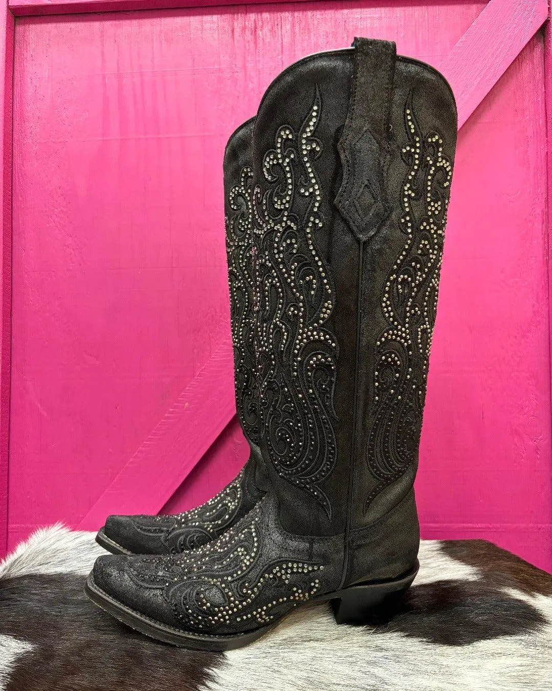 Corral Women's Black Overlay Crystal Studded Tall Cowgirl Boots C4097