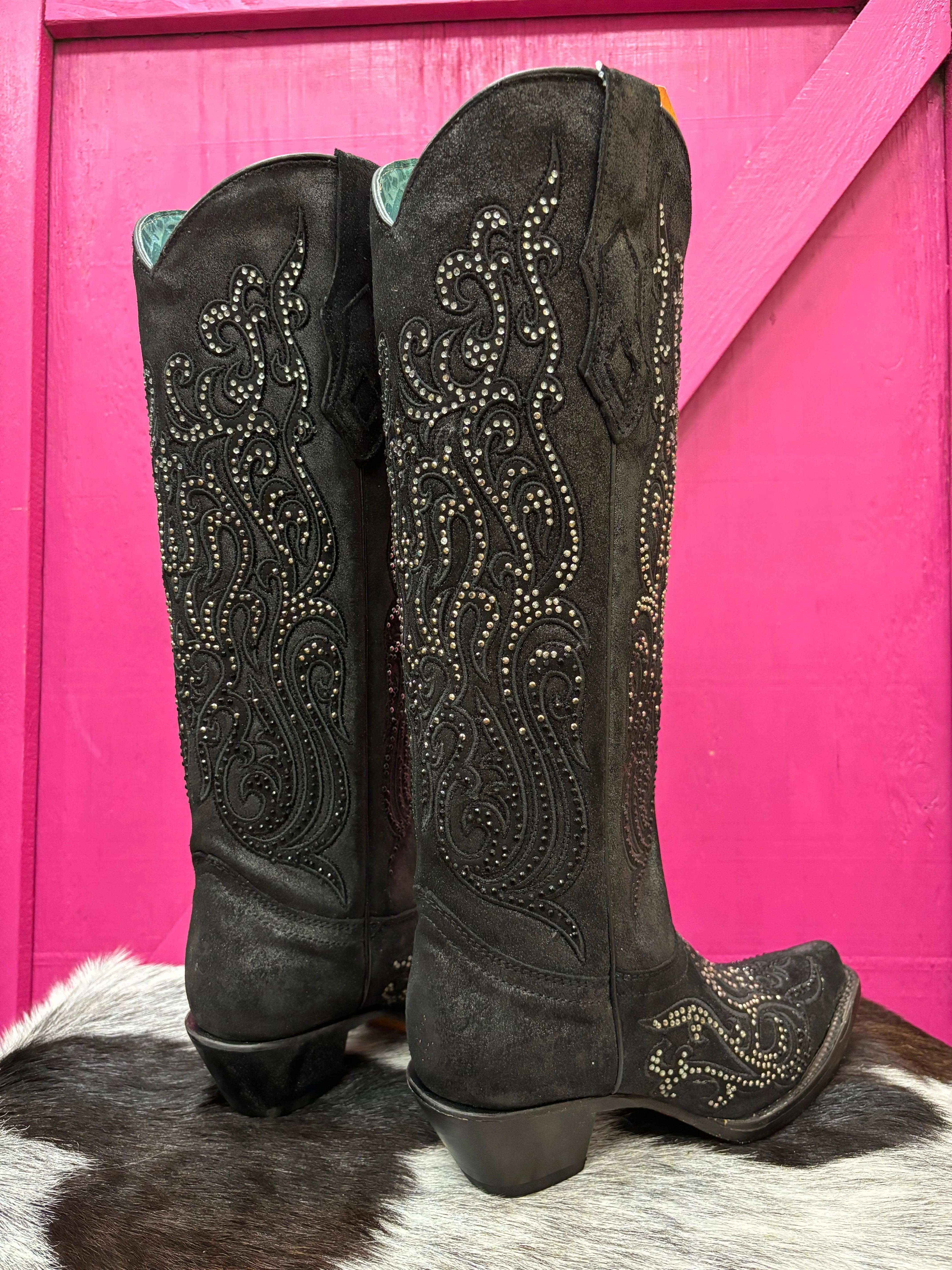 Corral Women's Black Overlay Crystal Studded Tall Cowgirl Boots C4097