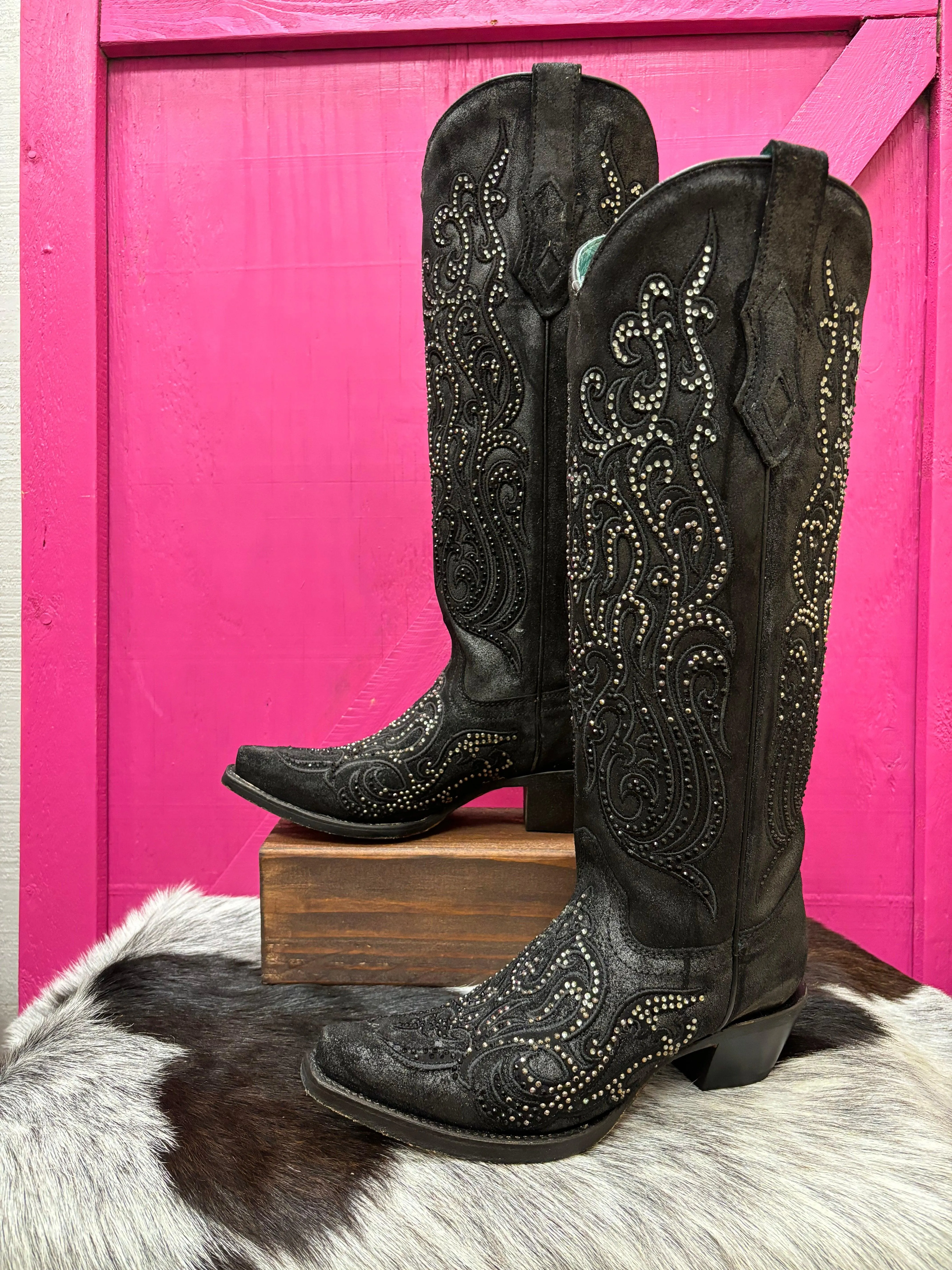 Corral Women's Black Overlay Crystal Studded Tall Cowgirl Boots C4097