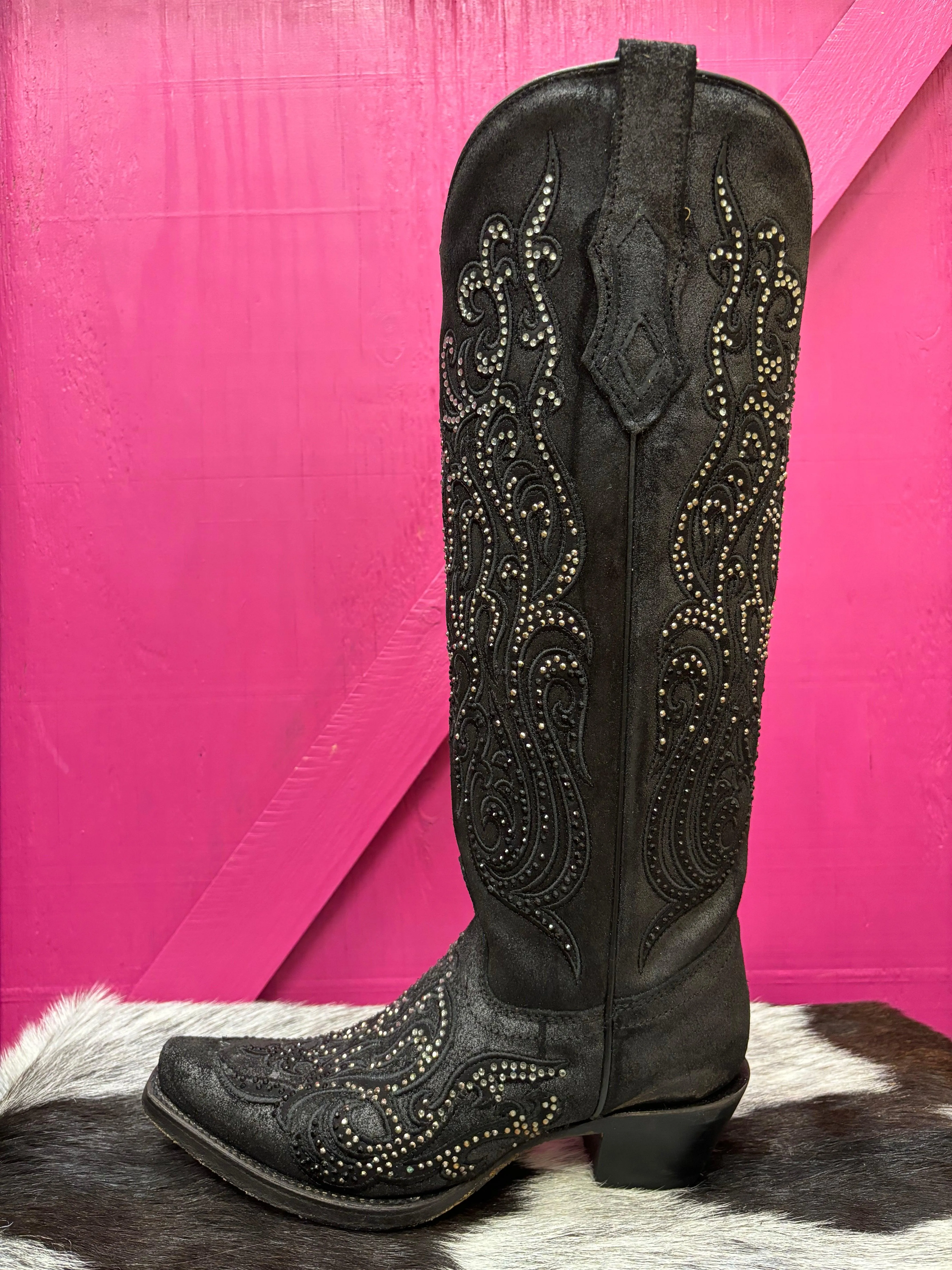 Corral Women's Black Overlay Crystal Studded Tall Cowgirl Boots C4097