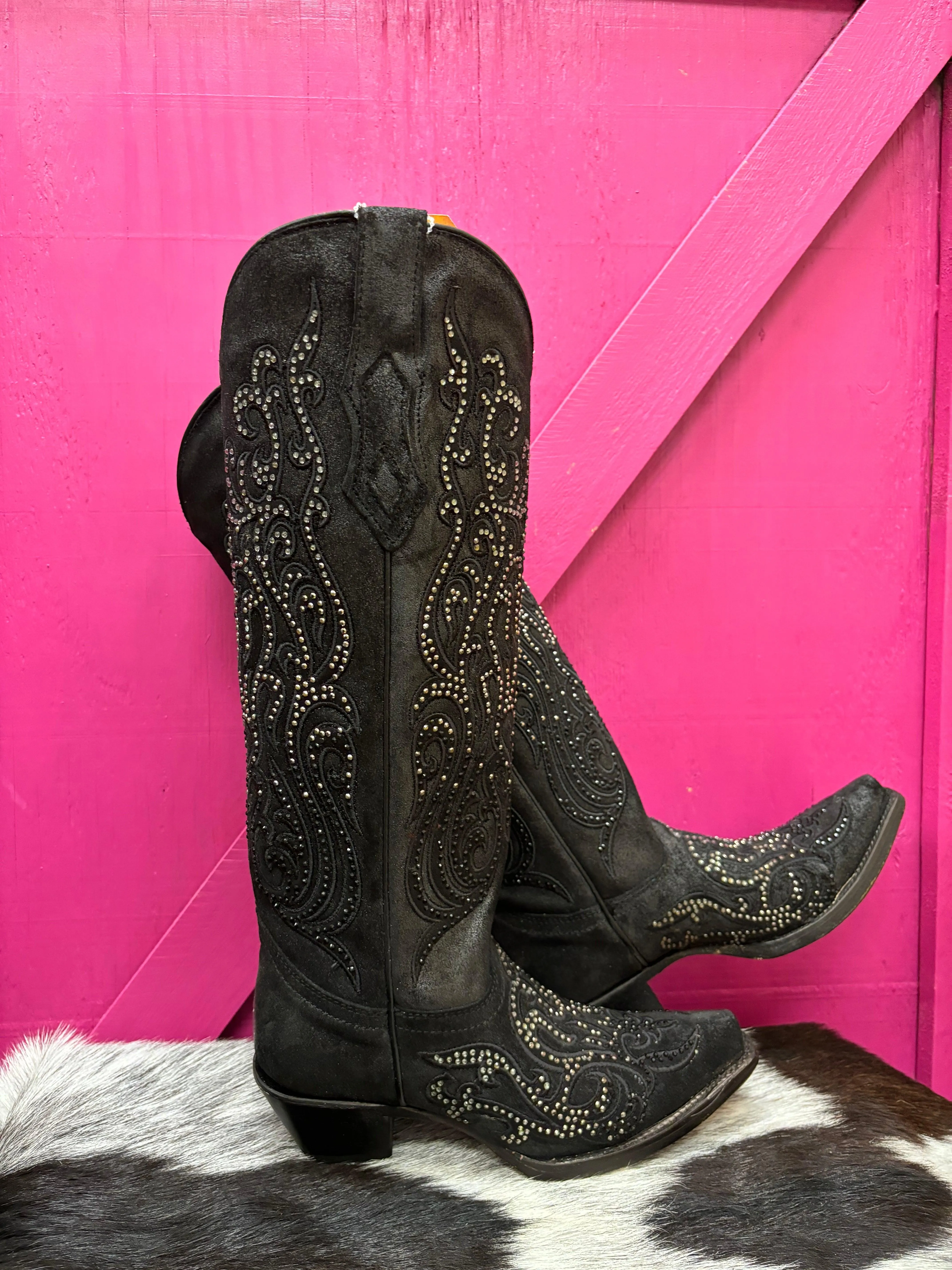 Corral Women's Black Overlay Crystal Studded Tall Cowgirl Boots C4097