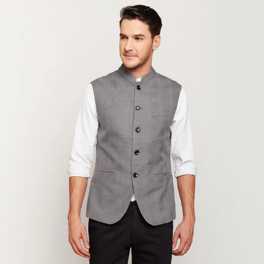 Dark Grey Checks Nehru Jacket