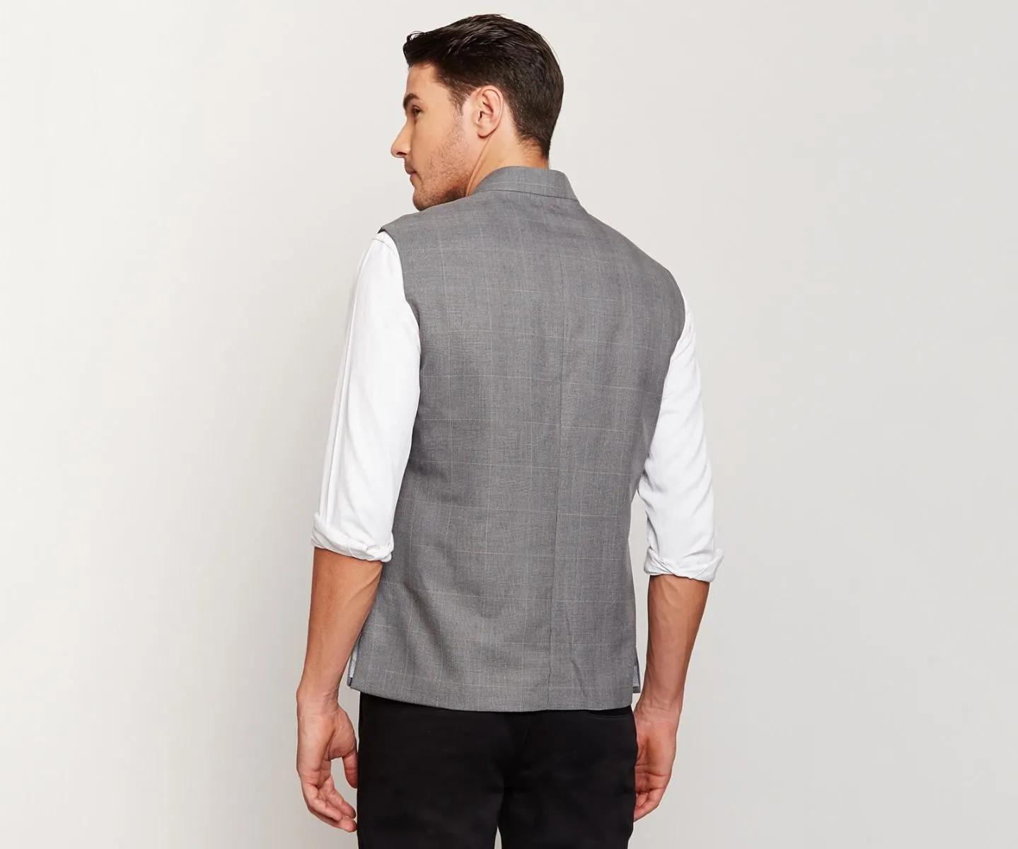 Dark Grey Checks Nehru Jacket