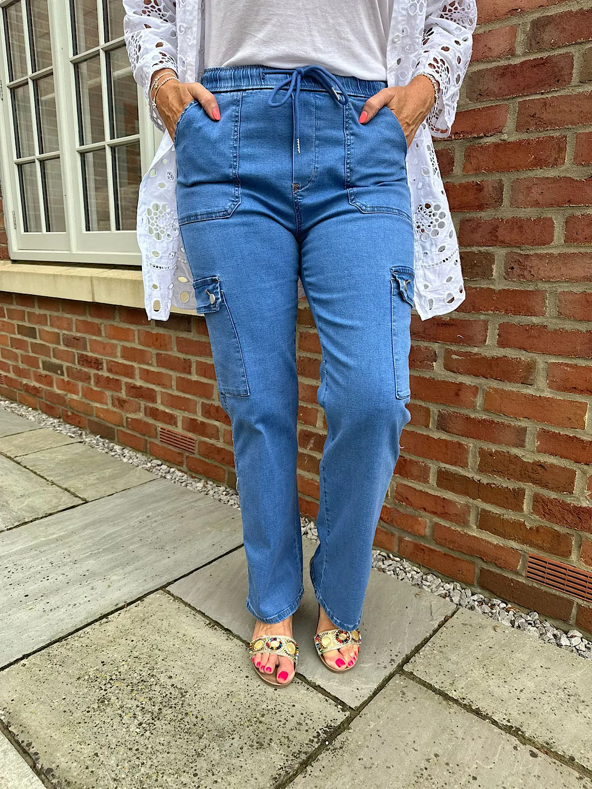 Denim Cargo Style Drawstring Jeans