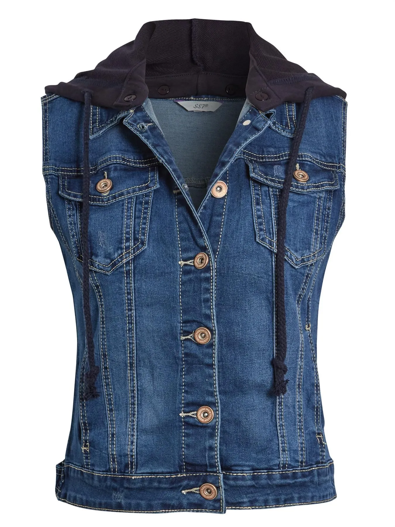 Detachable Hood Stretch Denim Gilet, Dark Blue, UK Sizes 6 to 14