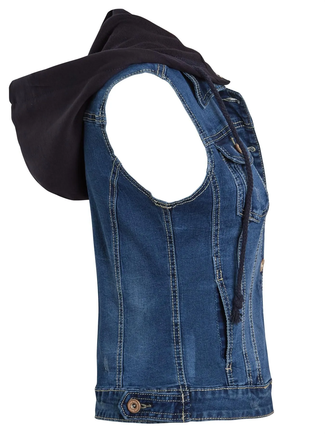 Detachable Hood Stretch Denim Gilet, Dark Blue, UK Sizes 6 to 14