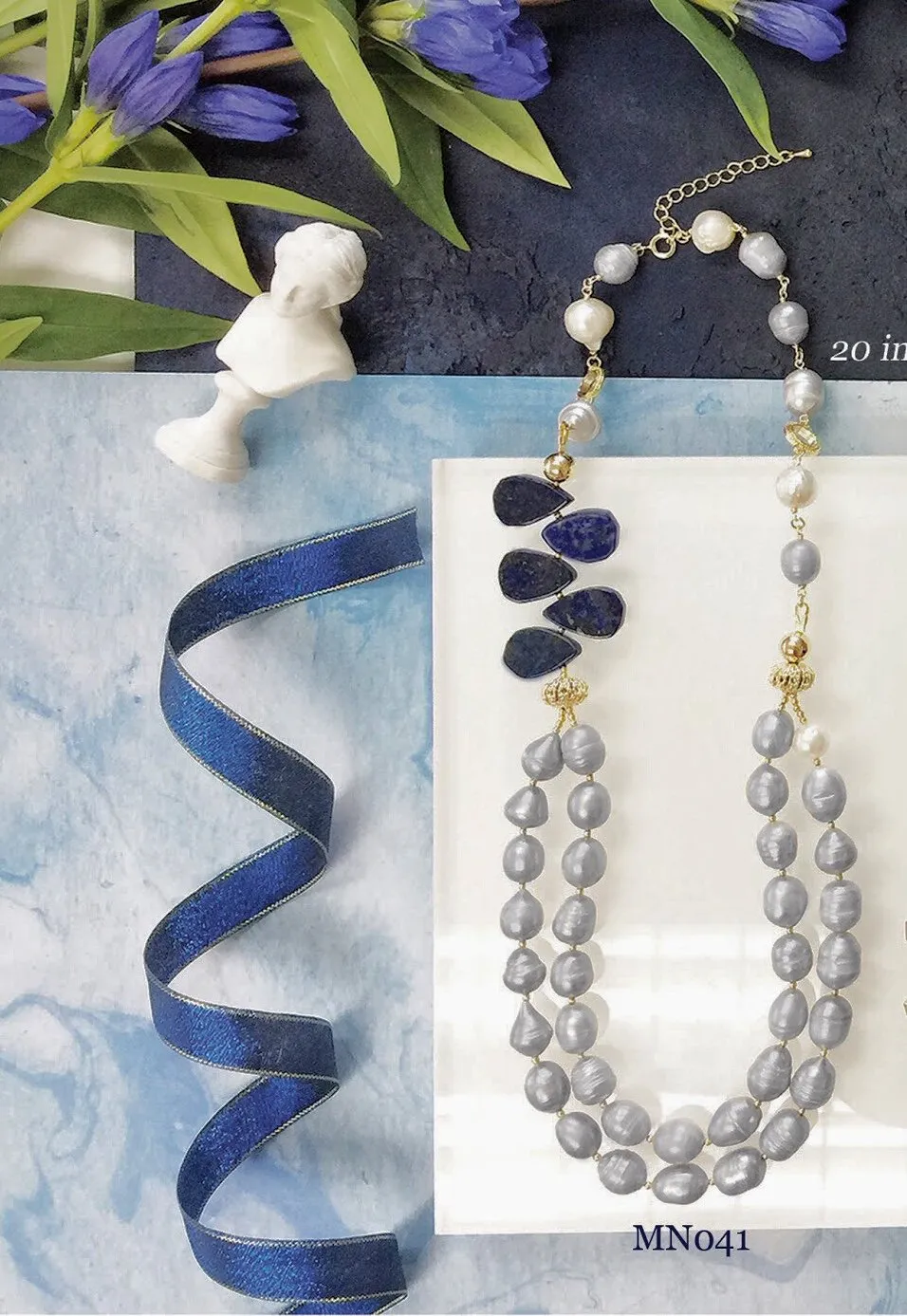 Freshwater pearls with Lapis Double Necklace MN041