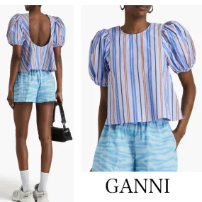 Ganni  |Stripes Cotton Short Sleeves Shirts & Blouses