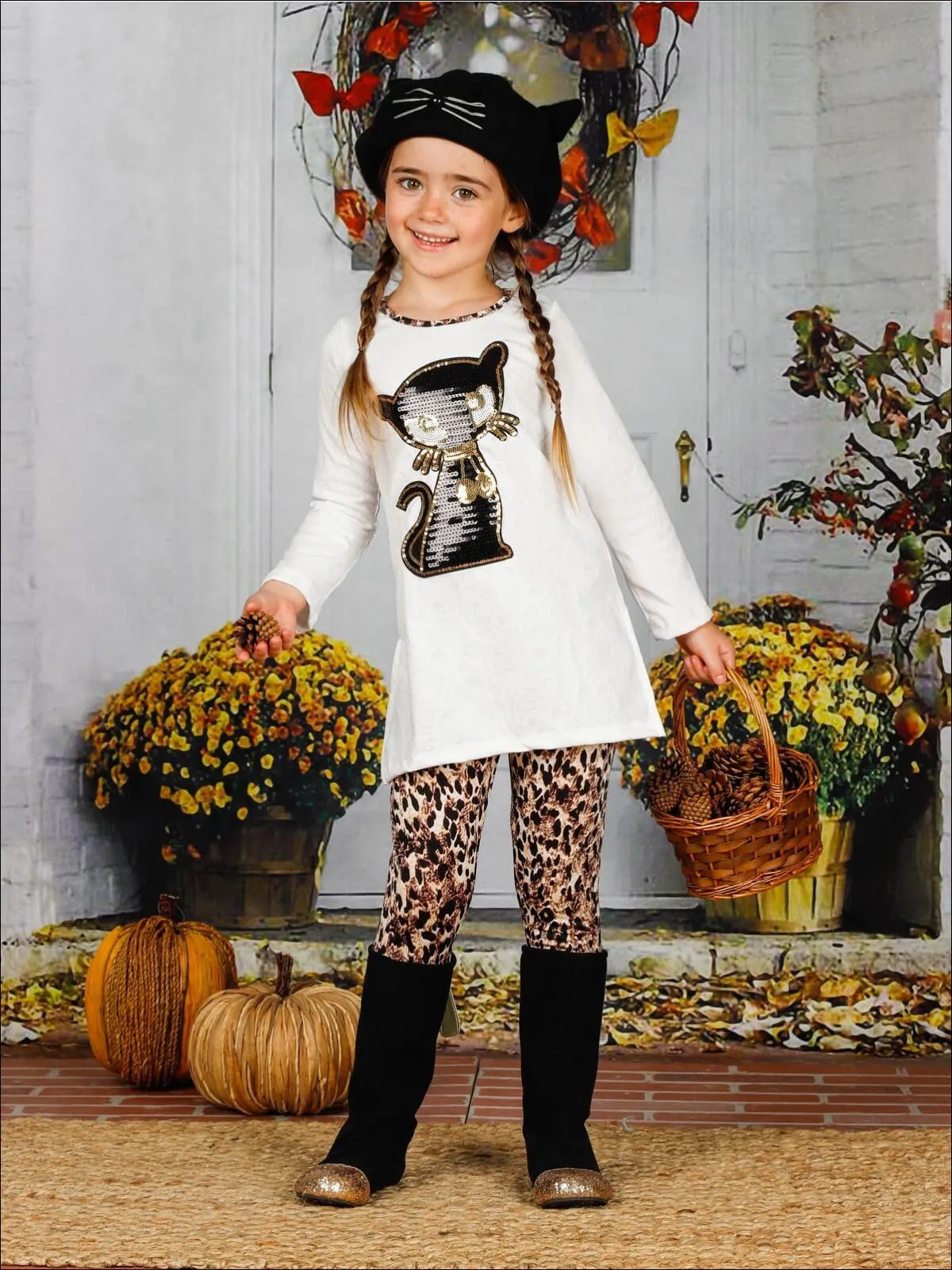 Girls Long Sleeve Sequin Cat Applique Tunic And Animal Print Legging Set