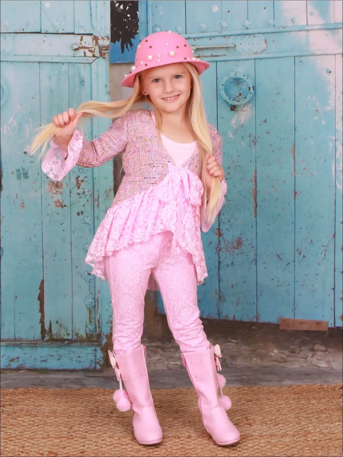 Girls Preppy Tweed Ruffled Lace Front Tie Jacket And Lace Legging Set