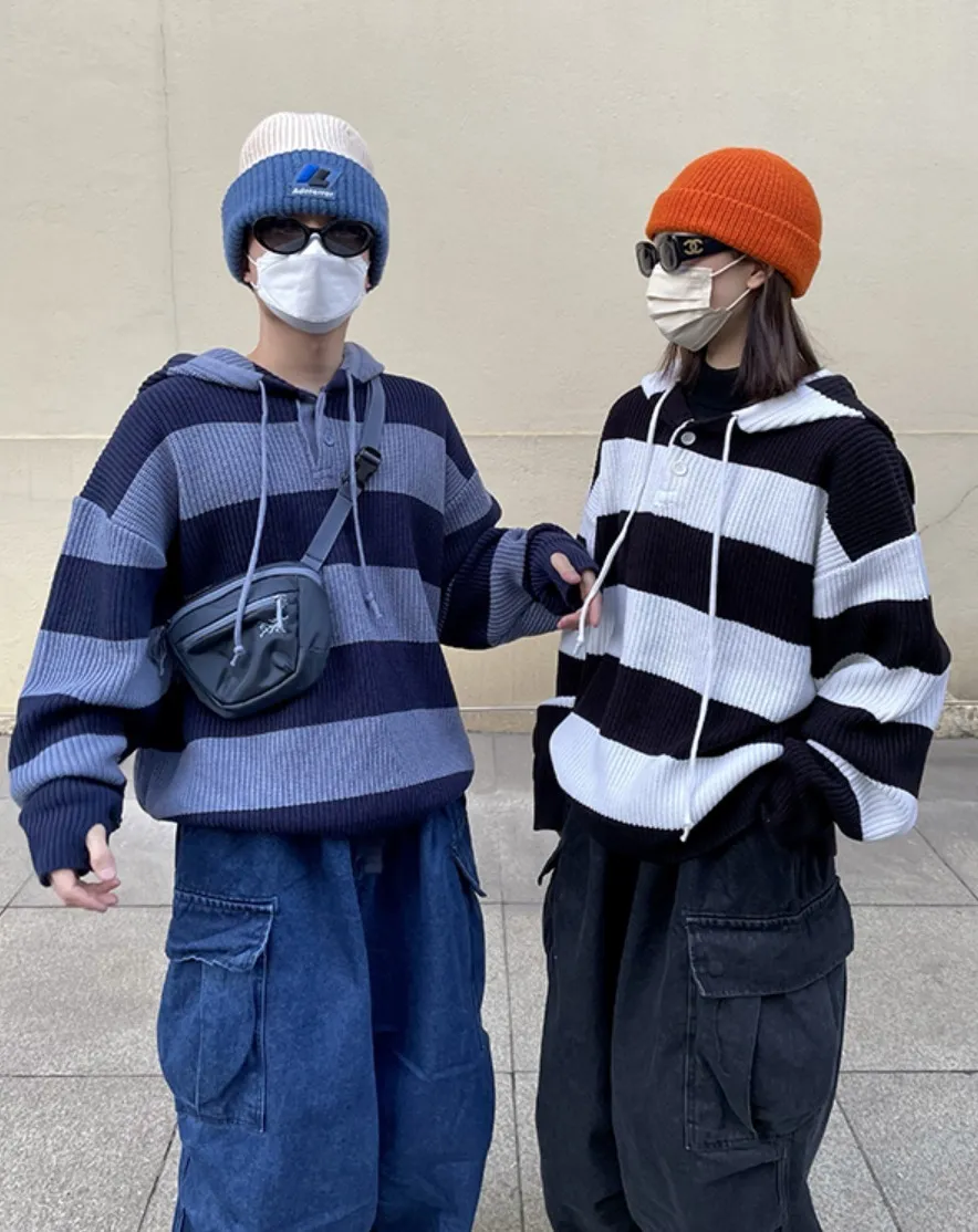 HUE  |Stripes Unisex Street Style Long Sleeves Oversized Sweaters