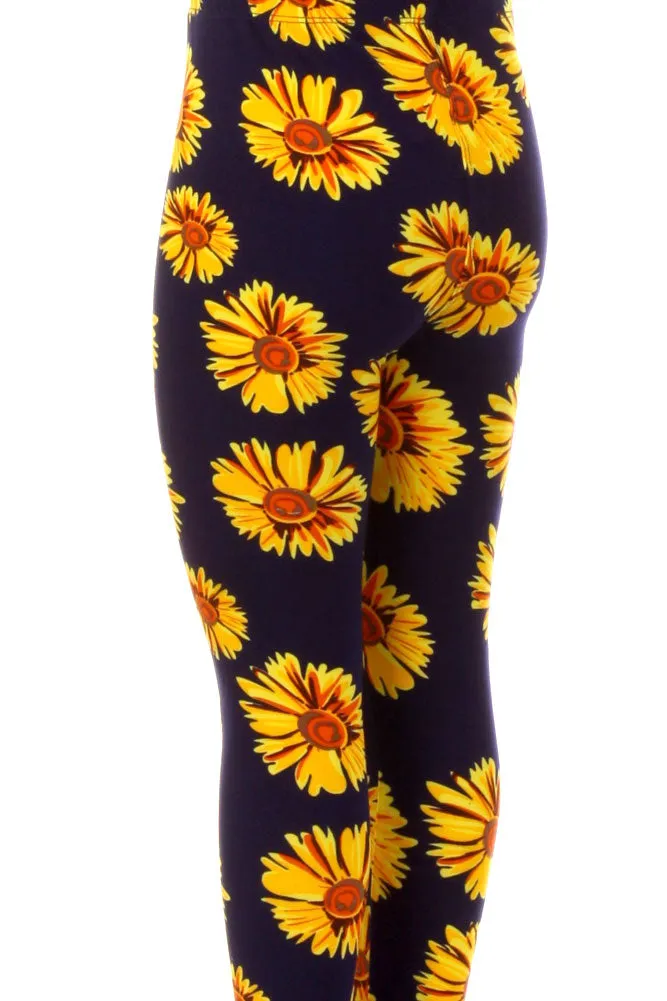 Kid's Yellow Big Sunflower Floral Pattern Printed Leggings