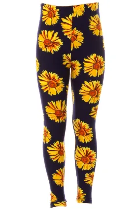 Kid's Yellow Big Sunflower Floral Pattern Printed Leggings