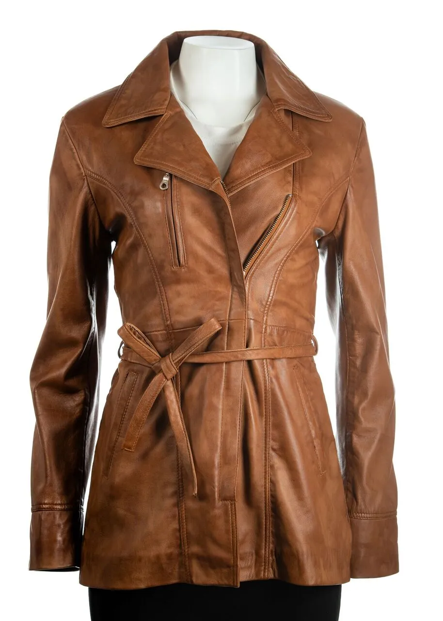 Ladies Tan 3/4 Mid Length Zip Up Belted Leather Coat: Martina