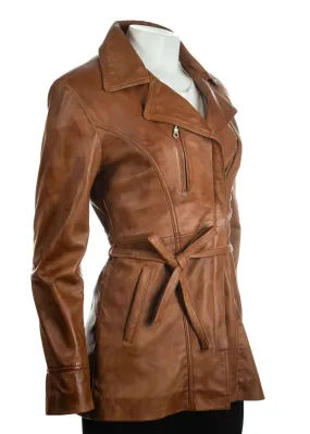 Ladies Tan 3/4 Mid Length Zip Up Belted Leather Coat: Martina