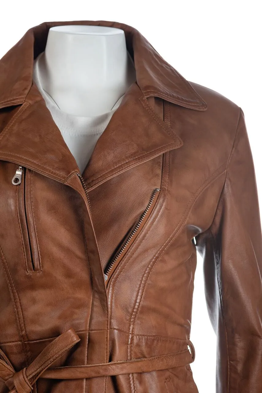 Ladies Tan 3/4 Mid Length Zip Up Belted Leather Coat: Martina