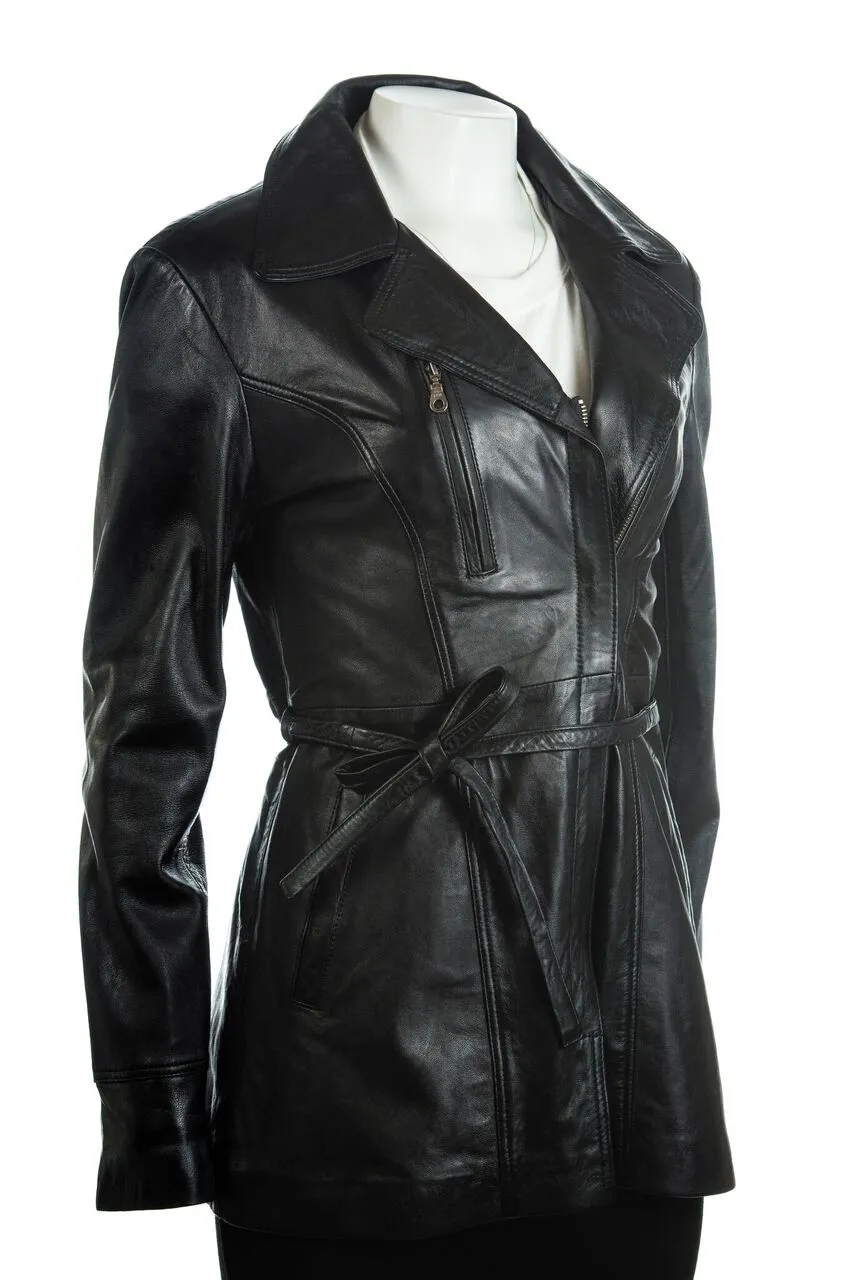 Ladies Tan 3/4 Mid Length Zip Up Belted Leather Coat: Martina