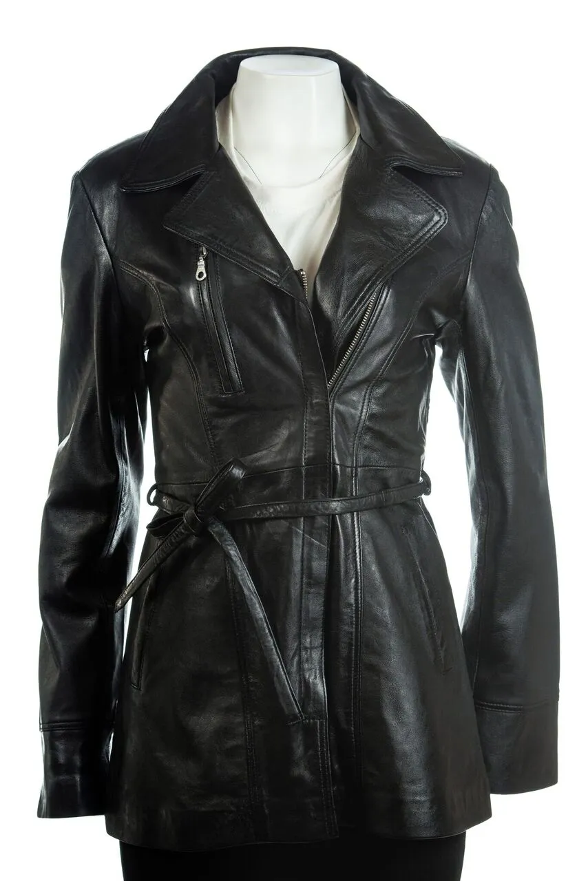 Ladies Tan 3/4 Mid Length Zip Up Belted Leather Coat: Martina