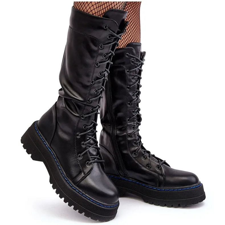 Leather Boots, Lace-up Boots with Zipper, Black Zoraida