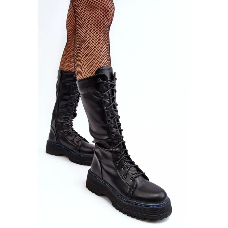 Leather Boots, Lace-up Boots with Zipper, Black Zoraida