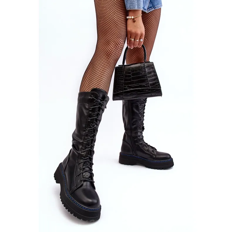 Leather Boots, Lace-up Boots with Zipper, Black Zoraida