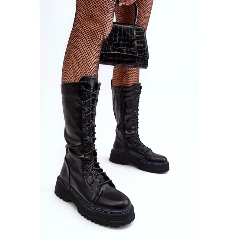 Leather Boots, Lace-up Boots with Zipper, Black Zoraida