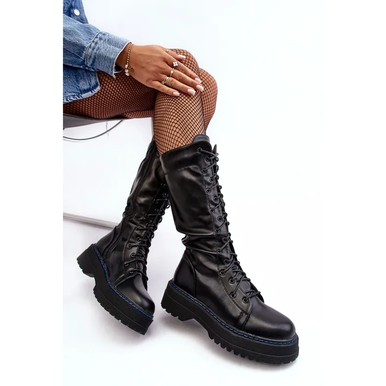 Leather Boots, Lace-up Boots with Zipper, Black Zoraida