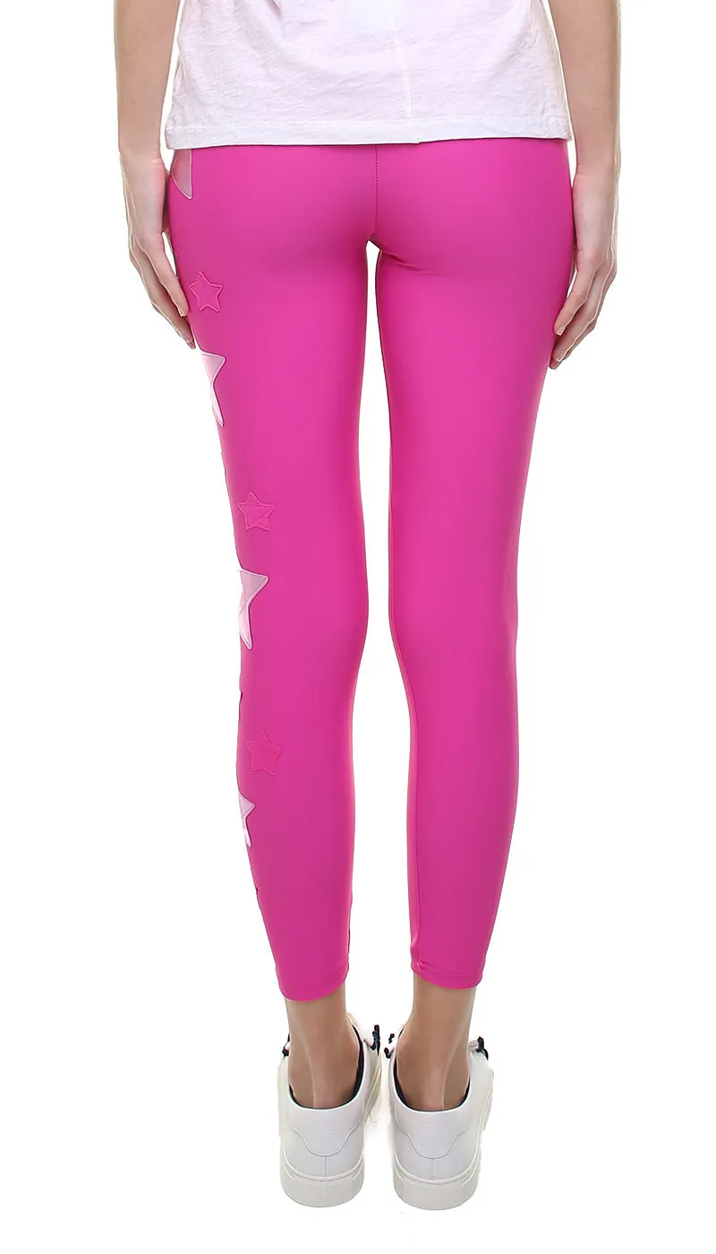 Leggings in lycra fucsia con stelle applicate fucsia e rosa metallizzato