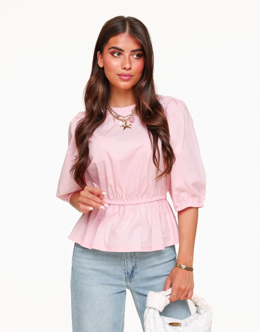 Lichtroze 3/4 Pofmouwen - Blouse